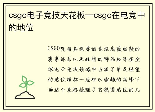csgo电子竞技天花板—csgo在电竞中的地位
