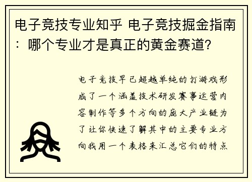 电子竞技专业知乎 电子竞技掘金指南：哪个专业才是真正的黄金赛道？